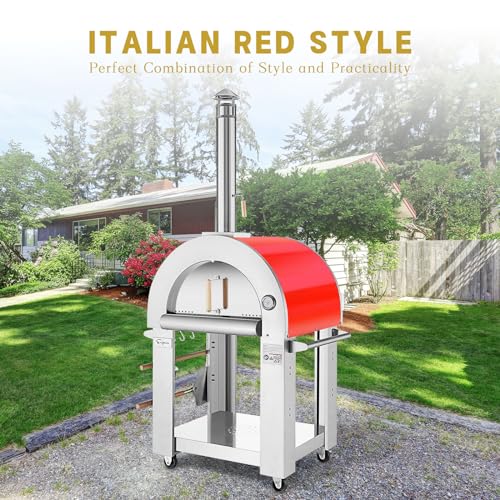 Image of Empava 32.5 inch Wood Fired Pizza Oven Grill with Stand and Wheels,for Outdoor Camping, Backyard, Garden,Patio, in Stainless Steel, Red