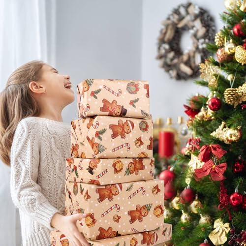 FINGOOO Gingerbread Man Christmas Wrapping Paper, Kraft Mini Roll 17 Inch X 33 Feet Vintage Gift Wrap Pape