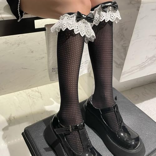 Women Kawaii Knee High Tights Lolita Sweet Cute Frill Lace Eyelet Trim Stockings Coquettecore Bow Dec Socks2