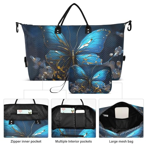 Large Travel Duffel Bag, Gold Blue Butterfly Night Sports Tote Gym Bag, Shoulder Weekender Overnight Bag for Women Men, Carry On Luggage with Toiletry Bags2