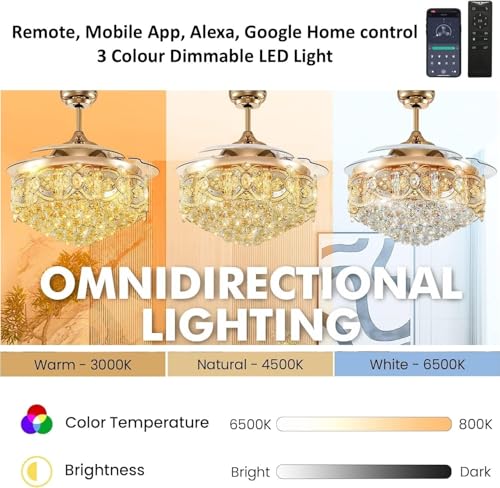Image of oltao Ember Smart Chandelier Ceiling Fan with BLDC Motor, Dimmable 3 Colour LED Light, Alexa & Google Home Compatible, Remote & App Control