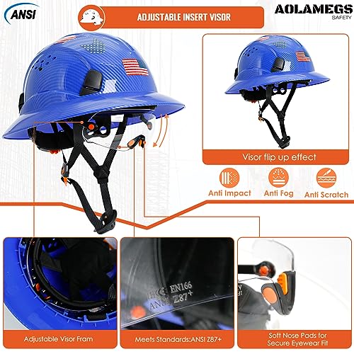 Aolamegs Safe Bright Blue Carbon Fiber Pattern Full Brim Hard Hat with Visor -Vented Hard Hats Construction OSHA Approved for Men Adult, Reflective Safety Helmet with Chin Strap,6-Point Suspension