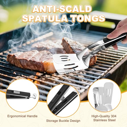 M METERXITY Spatula Tongs, 13.4 Inch 304 Stainless Steel Anti-Scald Extended Serrated Multifunctional Flipper Grill Clamp for Cooking/Barbecue, Kitchen Cooking Tong [Black Handle, Silver Tone] by M METERXITY - Used condition - Image 2
