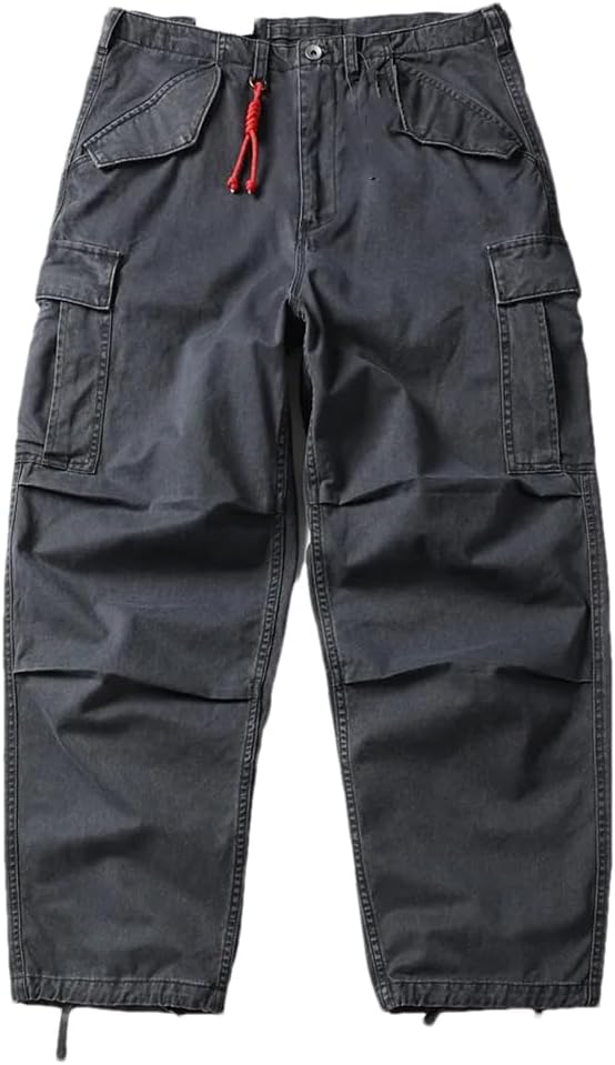 Men’S Washed Cargo Pants Retro Loose Wide Leg Drawstring Jogger Trousers with Multi-Pocket