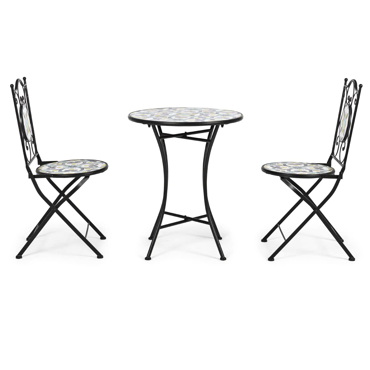 Yellowshop - Set Bistrot Positano da Giardino, Balcone, Veranda, Terrazzo 3 Pezzi, Tavolo e 2 Sedie Pieghevoli in Metallo e Piano in Ceramica Decorata Maiolica