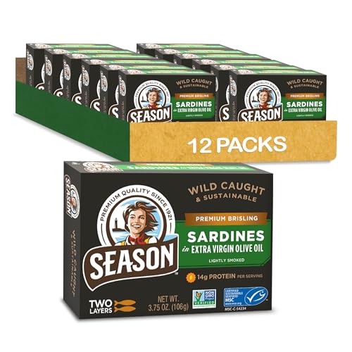 Season Brisling Sardines in Extra Virgin Olive Oil - Wild Caught, 14g of Protein, Keto Snacks, More Omega 3's Than Tuna, Kosher, High in Calcium, Canned Sardines, Cross Packed - 3.37 Oz Tins, 12-Pack