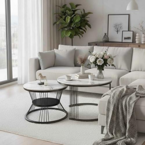 Image of Round Coffee Table Set of 2 for Living Room Wooden Top with Gold Metal Frame Modern Nesting Center Table for Sofa Area Home & Office Furniture (Black White)