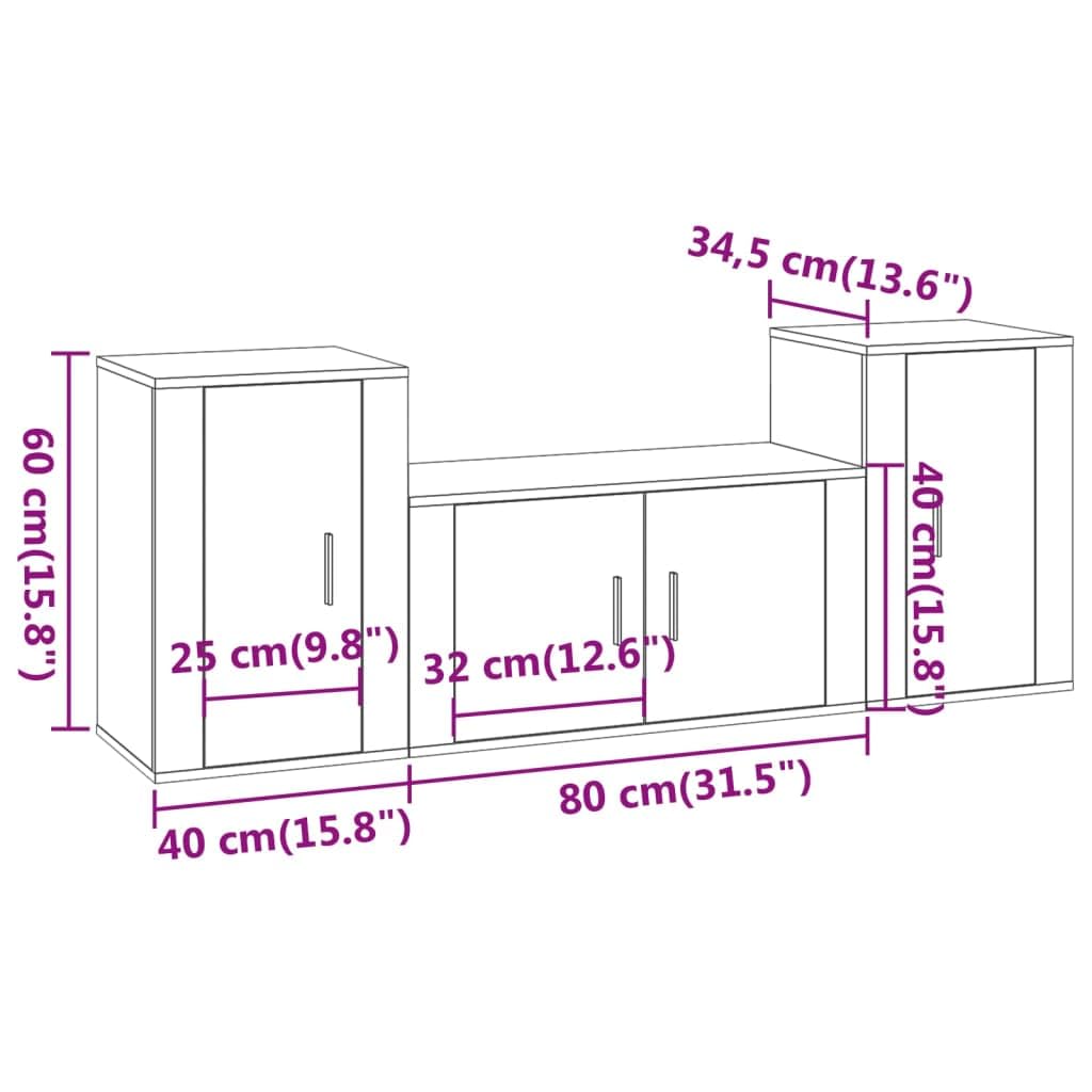 3-TLG. TV-Schrank-Set Räuchereiche Holzwerkstoff, Wandmontage, Modernes Media-Center für Wohnzimmer, Schlafzimmer, 80x34,5x40 cm