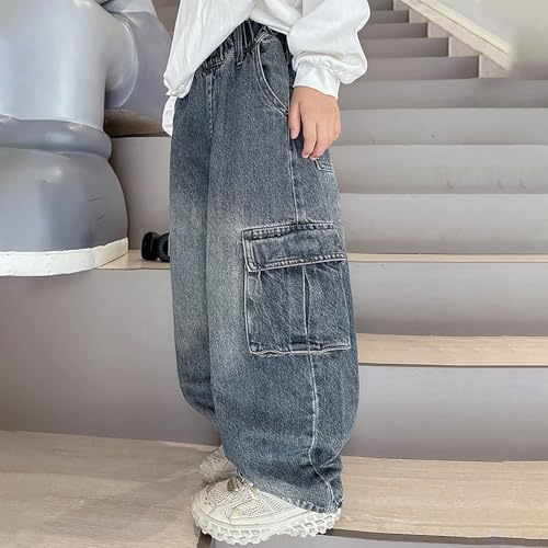 Boy's Baggy Jeans Elastic Waist Pull On Denim Pants Classic Straight Wide Leg Jeans with Pockets for Kids 4-14 Years4