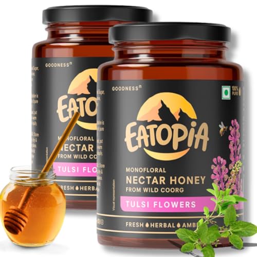 Eatopia Tulsi Honey 1 kg | Natural Ayurvedic Immunity Booster | Helps in Curing Cough & Cold | No Added Sugar | 100% Natural & Pure Honey | Nectar Honey from Wild Coorg (Monofloral) | Pack of 2 with 500g Serving each