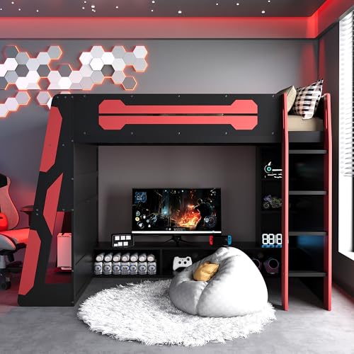 Image of Harper & Bright Designs Twin Size Wood Loft Bed with Desk and Multi-Storage Shelves, Wooden Gaming Loft Bed Frame with RGB Light, Space-Saving Bed with Safety Guardrail, Red