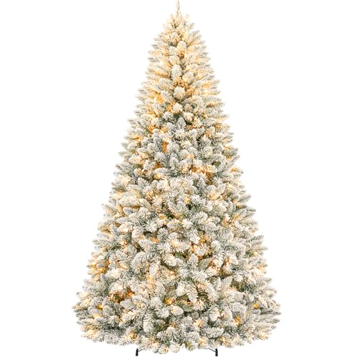 Hykolity 7.5 ft Snow Flocked Christmas Tree, 1446 Tips Artificial Christmas Tree with 450 Warm White Lights, Metal Stand and Hinged Branches