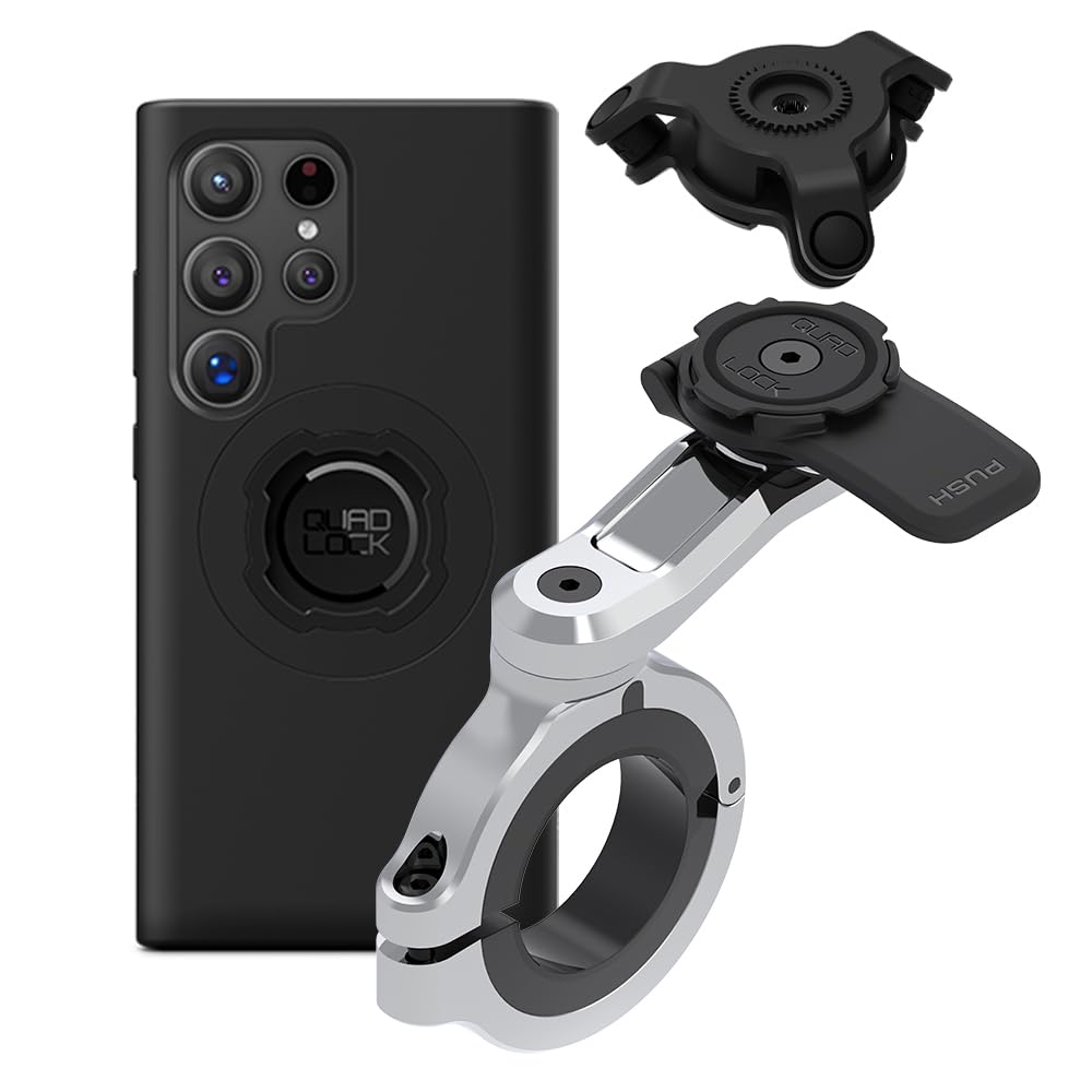 Quad Lock Motorcycle Handlebar Phone Mount PRO Chrome - Large with Vibration Dampener and MAG Phone Case for Galaxy S24 Ultra