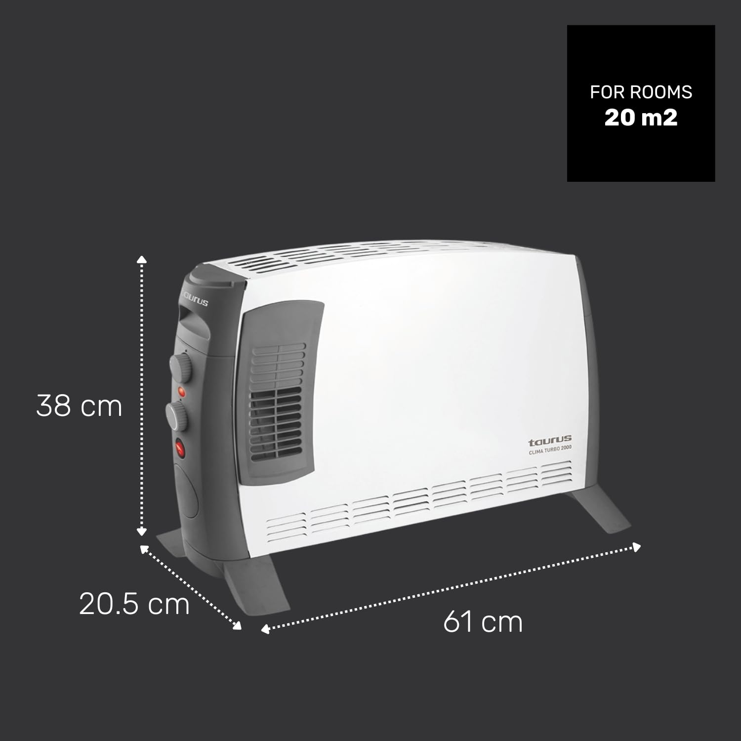 Taurus Grzejnik konwektorowy klimatyczny Turbo 2000 | 2000 W | 3 poziomy intensywności ciepła + Turbo | regulowany termostat | powierzchnia do 20 m² | nóżki w zestawie | uchwyt do przenoszenia