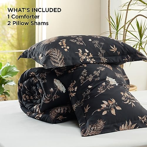 Bedsure Comforter Set King Size - Cute Floral Bedding Comforter Set, 3 Pieces, 1 Soft Black Botanical Flowers Comforter and Pillow Shams