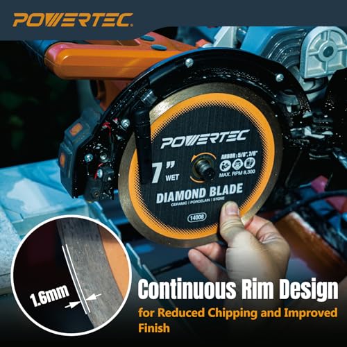 Image of POWERTEC 7 inch Continuous Rim Diamond Saw Blade for Wet Tile Saw, Diamond Blade for Cutting Ceramic, Porcelain, Natural Stone Tile, Wet Cutting Only 7 inch Diamond Blades, 1 Pack (14008)