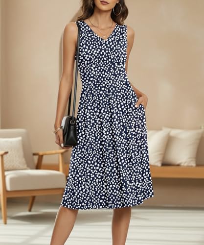 Image of NILOUFO Sleeveless Dress for Women Summer Knee Length Sundress with Pockets | Sundresses for Women Tank Empire Waist Sun Dress Cold Shoulder Casual V Neck Midi Dress Flowy Summer Dresses for Women