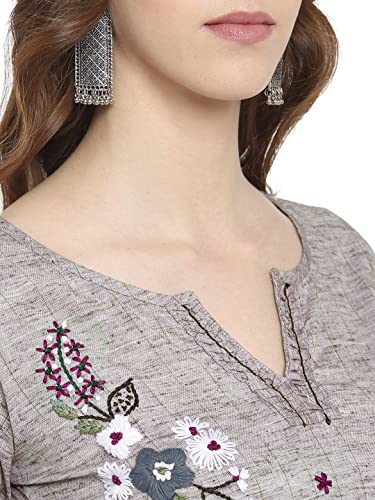 Image of EthnicJunction Women's Cotton Blend Floral Thread Work Embroidery Straight Kurta