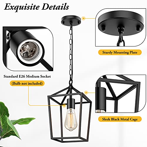 Farmhouse Black Pendant Light For Kitchen Island Industrial Hanging Lantern Fixture Modern Metal Cage Lamp Chandelier Lighting For Dinning Room Hallway, 49In Adjustable Chain For Flat & Sloped Ceiling #TOP3