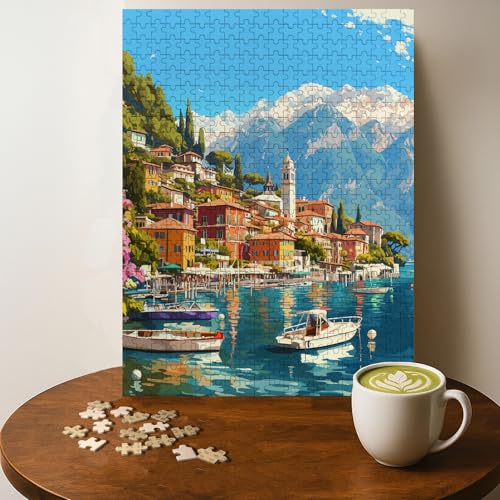 Bellagio Italy Village Location Jigsaw Puzzle - 500 Pieces Wooden Puzzle for Adults, Wall Art Gift, Finished Size: 20 x 15 Inch