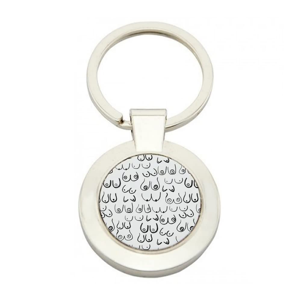 Giftme Unisex Round Boobs Pattern - Black And White Line Drawing, Life Drawing, Feminine Art Inspired Metal Key Ring. (Round)