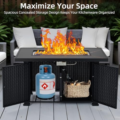 44 Inch Propane Fire Pit, CSA-Listed Outdoor Gas Fire Pit Rectangular Tabletop with Lid, 50,000 BTU Steel FireTable with Rain Cover Glass Wind for Outside Patio Yard Balcony, Brown