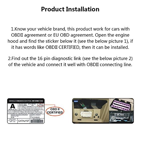 Diagram showing how to check for OBDII certification and locate the 16-pin diagnostic link in a car for HUD installation.