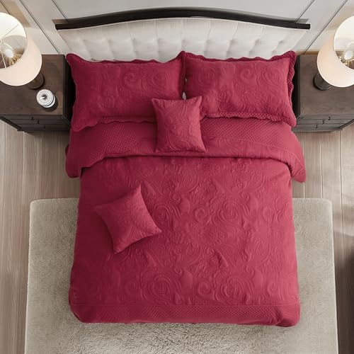 Image of Oversized King Bedspread, Stitched Paisley Quilt Set King /Cal King, Lightweight Reversible Coverlet, Scalloped Edge - Rich Traditional Classic Look, 5 Piece, Wine Red