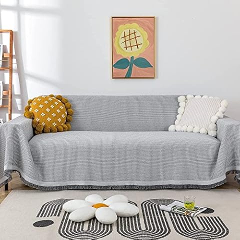 VANJOROY Waffle Large Grey Sofa Throw Blanket With Tassels For 2 3 Seater, 100% Handwoven Cotton Knitted Armchair Throw for Couch, Sofa and Bed… (180×230cm (71×91In)) Cover