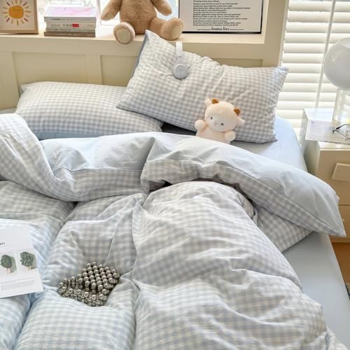 Image of Nayoroom Gingham Duvet Cover King Size Reversible Blue Plaid Checkered Duvet Cover 3 Pieces Soft Breathable Washed Microfiber Girls Dorm Bedding Set for All Seasons