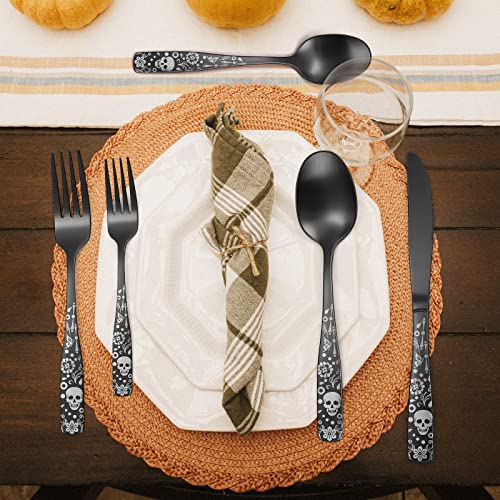 Oiulo Pattern Matte Silverware Set For 8,40-Piece Gothic Matte Black Flatware Set,Unique Pattern Design,Satin Finish Cutlery For 8,Halloween Skull Tableware Utensils For Kitchen Square #TOP5