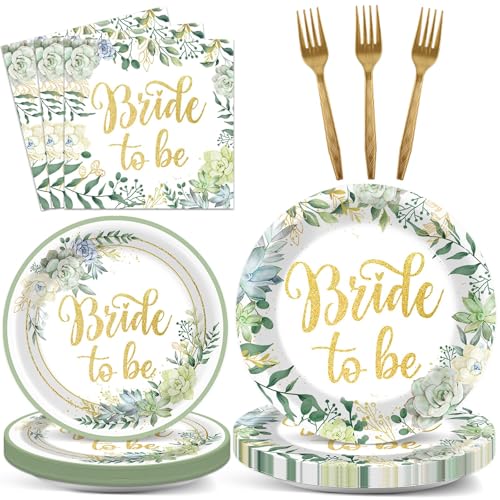 96Pcs Bridal Shower Decorations - Sage Green Bride to Be Paper Plates Napkins Wedding Shower Tableware Set - Green Plants Dinnerware for Engagement Bachelorette Party Supplies - Serves 24
