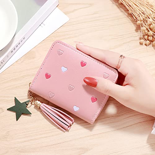 PU Leather Purse Wallet with Star Pendant Womens Credit Card Holder Small Purses with Card Slots Zipper Coin Purse with Embroidery Heart Pink2
