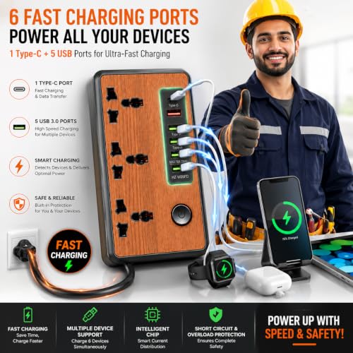Image of MD Proelectra Premium Wooden Finish Extension Board with 3 Universal Sockets, 5 USB Ports, 1 Type-C, 2500W Power Strip with LED Display and Master Switch, Multi Plug Board for Home & Office