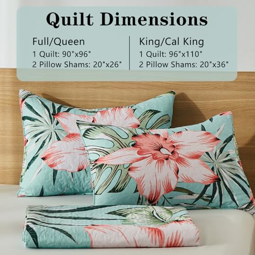 Yogeneg King Quilt Bedding Set,Green Pink Botanical Pattern Sky Blue King/Cal King Quilt Set,3 Piece Lightweight Soft Summer Bedspread Coverlet with 2 PIillow Shams,All Season(Sky Blue,110"x96") - Image 8