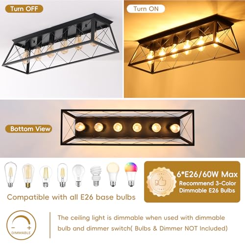Black Farmhouse Flush Mount Ceiling Light Rectangular Kitchen Lighting | 6-Light Industrial Cage Chandelier, Dimmable Vintage Close to Ceiling Lighting for Dining Room Living Room Hallway Foyer by PUZHI HOME - Used condition - Image 3