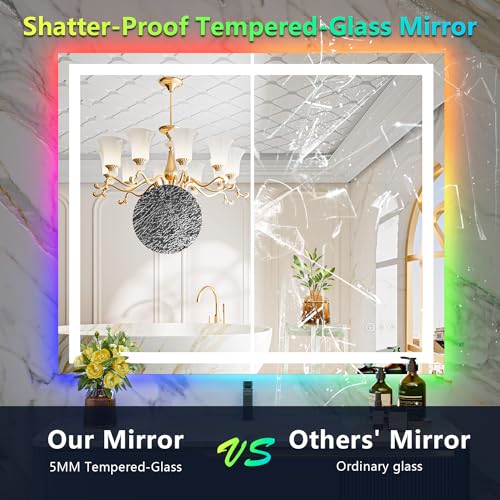 Image of 44x32 Inch RGB LED Bathroom Mirror Front Light and RGB Backlit Lighted Vanity Mirror for Bathroom Wall Mounted Dimmable Anti Fog Memory Shatter-Proof IP54 Waterproof Horizontal /Vertical