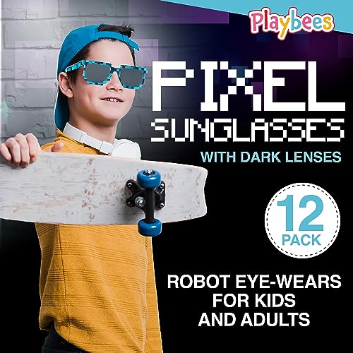 Pixel Sunglasses - 12 Pack - Robot Eye-wears for Kids and Adults - Pixelated Graphics Frames - Perfect Birthday Party Favors, Gaming Events, Raves, and More - UV Protected and Durable3