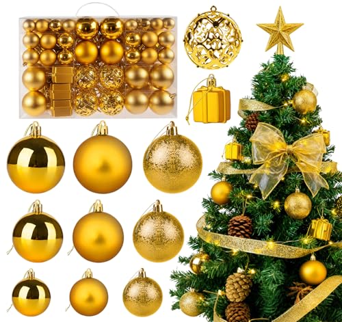 ilauke 105 Bolas de Navidad Doradas de Plástico,Centelleante Bolas Navidad Reutilizable con Cordón,Colgantes y Adornos para árbol de Navidad en Diferentes Tamaños para Navidad Fiestas Bodas-Ø3/4/6CM