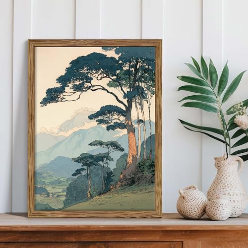 Image of Vintage Japanese Forest Framed Canvas Wall Art - Tranquil Mountain Landscape Painting Print, Retro Nature Tree Scene Decor for Living Room Bedroom Nursery Office Home 16x24 inch