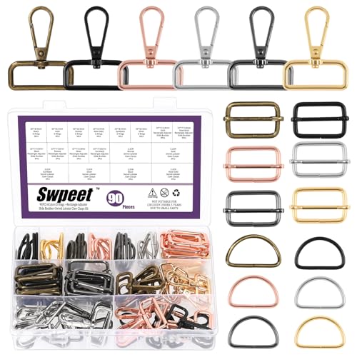 Swpeet Lot de 90 anneaux en D en métal de 6 couleurs, ajusteurs rectangulaires, boucles coulissantes et fermoir mousqueton pivotant en D, Kit d'assortiment