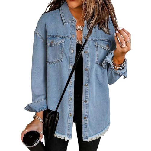 Womens Oversized Denim Jacket Washed Jean Long Sleeve Button Down Shacket Distressed Jean Jackets Fall Outfits