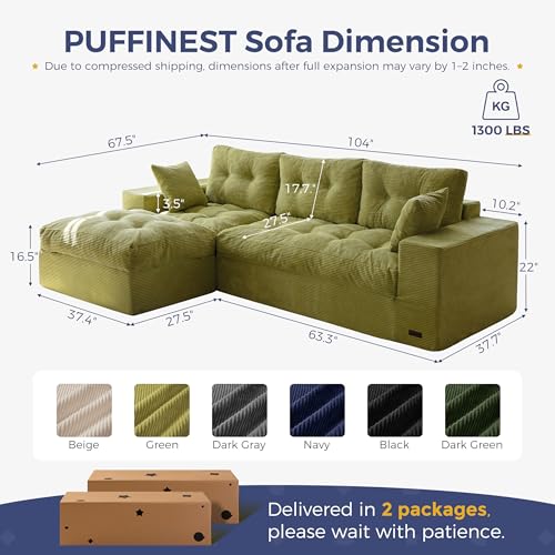 Image of MAXYOYO 104 inch L Shaped Modular Sectional Sofa with Ottoman, Cloud Boneless Couch with Layered Cushion, Upholstered Sofa Flexible Module Combination for Living Room, No Assembly, Green