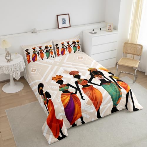 Image of Feelyou African Woman Ethnic Comforter Set King Size Boys Bedding | Adults Afro Traditional Exotic Soft Duvet Set Warm Cozy Breathable Lightweight All Season