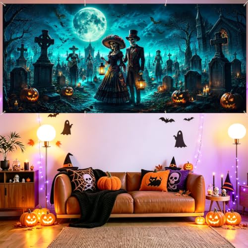 Image of Halloween Garage Door Decorations 6 x 13 ft, Skeleton Grave Cover