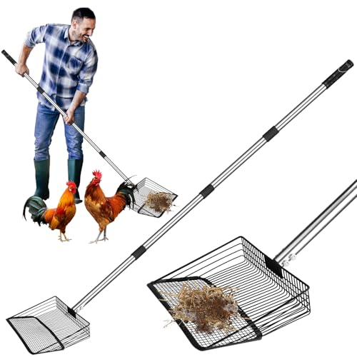 Image of 10-inch Heavy Duty Chicken Poop Scooper, Adjustable Stainless Steel Chicken Coop Scoop (35.4 to 61.8 inch),4-in-1 Sifting Litter Shovel Scoop for Chicken Coop /Goat Stall /Stable Cleaning