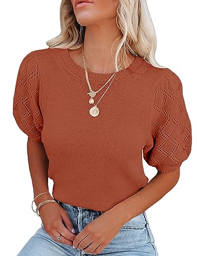 Womens Short Sleeve Sweaters Crewneck Knit Pullover Tops 2025 Summer Casual Lightweight Crochet Blouse Shirt