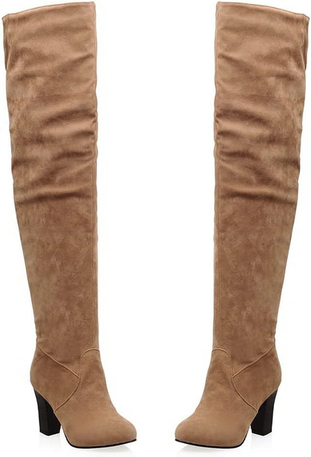 KOKOMOMO Womens Faux Suede Thigh High Heeled Round Toe Chunky Over The Knee Boots