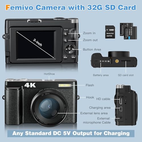 Image of 4K Digital Camera, Autofocus, 48 Megapixels, 4K Resolution,HDMI Output, 16x Digital Zoom, 3-Inch Large Screen, Spare Battery 128 Gb (CAM30)