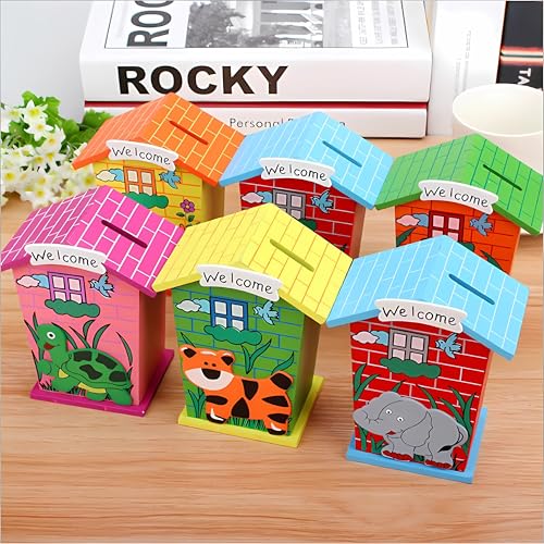 Image of 3pcs Wooden Piggy Banks - Return Gifts Birthday Party for Kids, Colourful Animal Hut Shaped Coin Banks - Return Gift for Kids Birthday Age 6-10 6-12